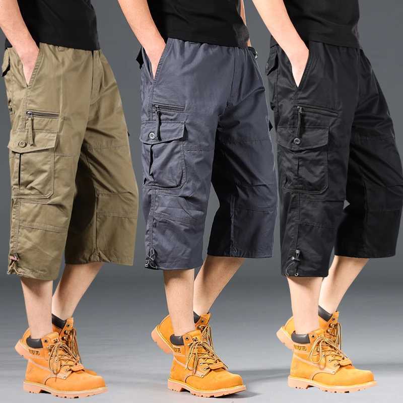 Summer Knee Length Cargo Shorts Mens Loose Casual Cotton Multi Pockets Breeches Capri Short Jogging Camouflage Tactical ShortsX240921