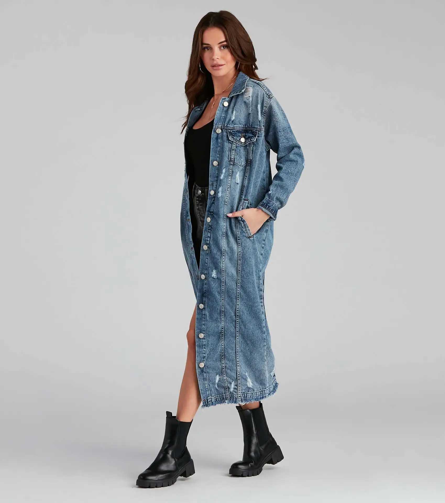 Trench Denim Jackets Single Button Coat Long Sleeve Turn Down Collar Loose Fit Button Solid Washed Distressed Casual PocketsX240921