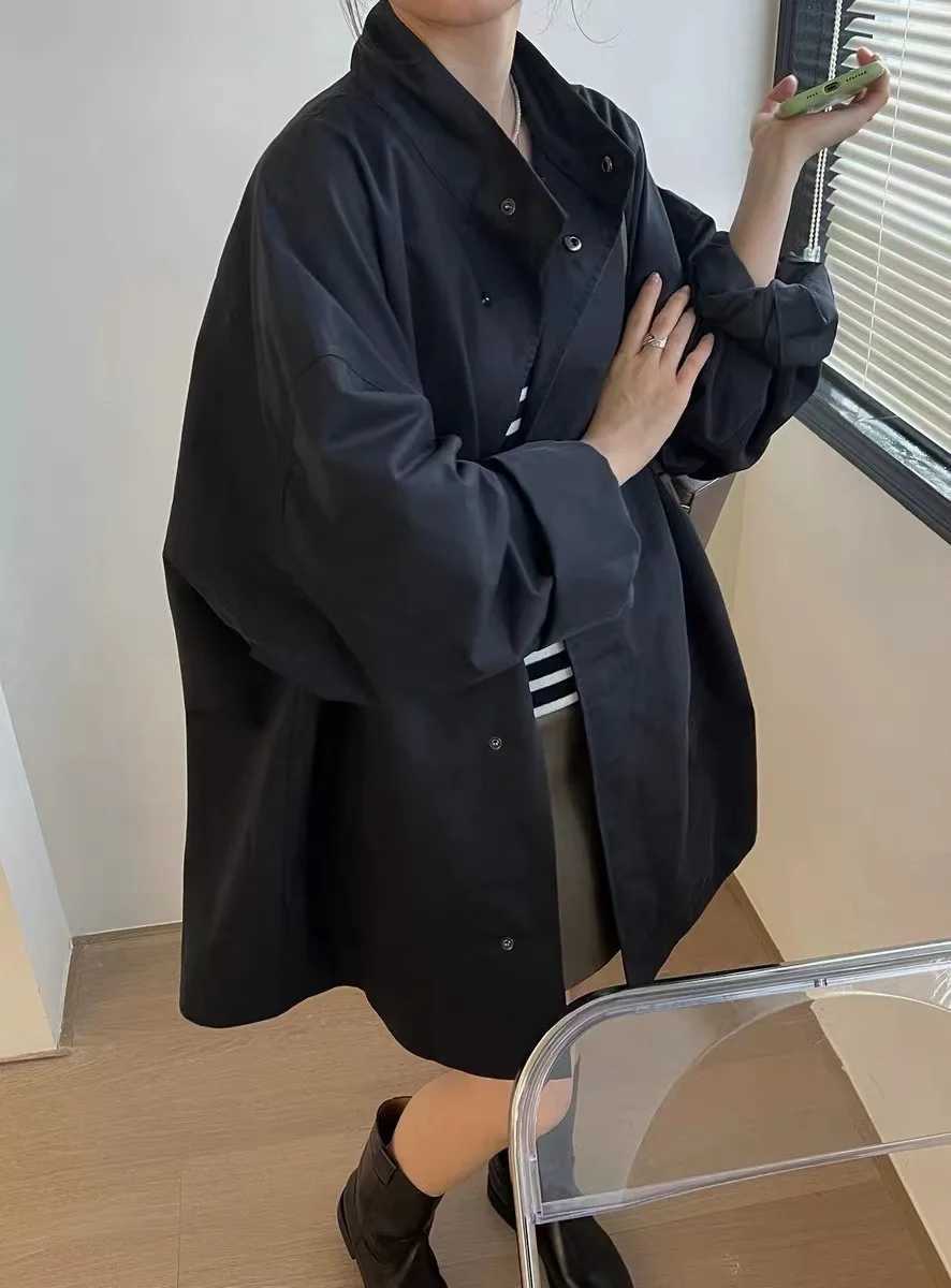 2024 Spring Wear Korean Thin Lazy Style Stand up Neck Loose and Casual Long sleeved Mid length Windbreaker Coat for Women KL9VX240921