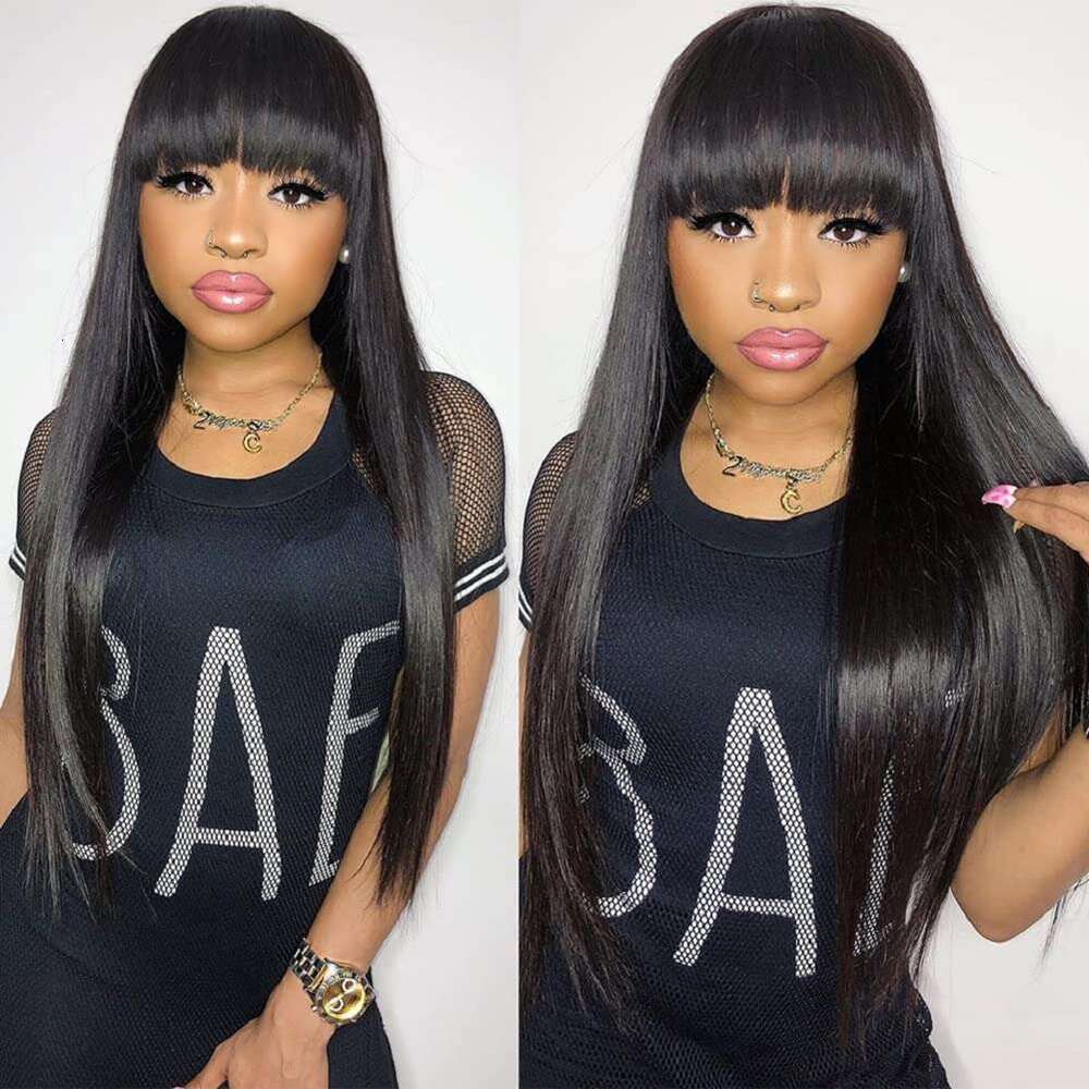 Fake 100% Human Hair Wig With Bangs For Women Cheap Brazilian Realistic Scalp Straight Lace Front Bob Fringe Wigs 30Inch