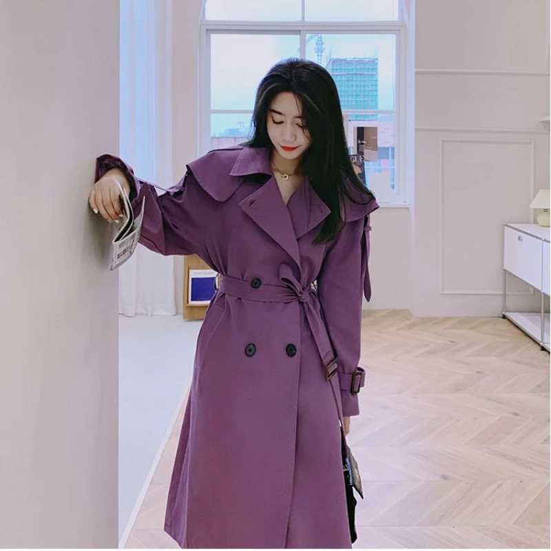 Purple Womens Windbreaker Baggy 2024 Spring Autumn New in Outerwears England Style Mantle Trenchcoat Long Jackets Lace Up CoatsX240921