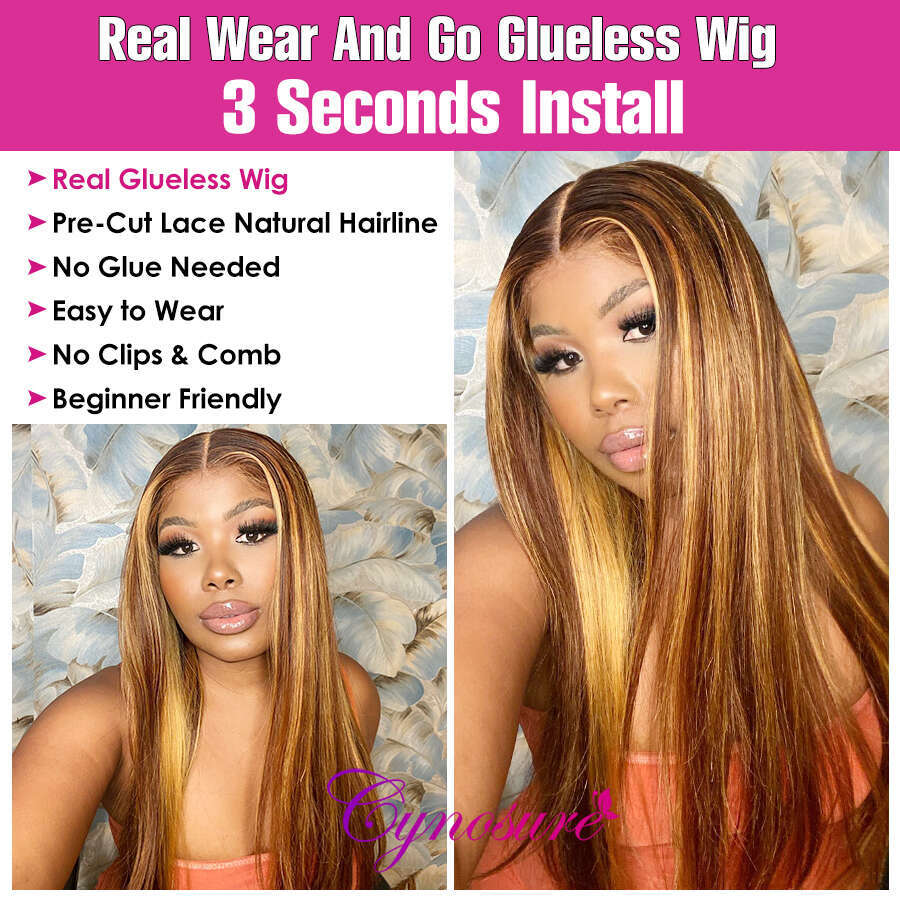 Cynosure Glueless Ready to Wear Pre plucked Straight Highlight Human Hair HD Lace Frontal Wig For Women