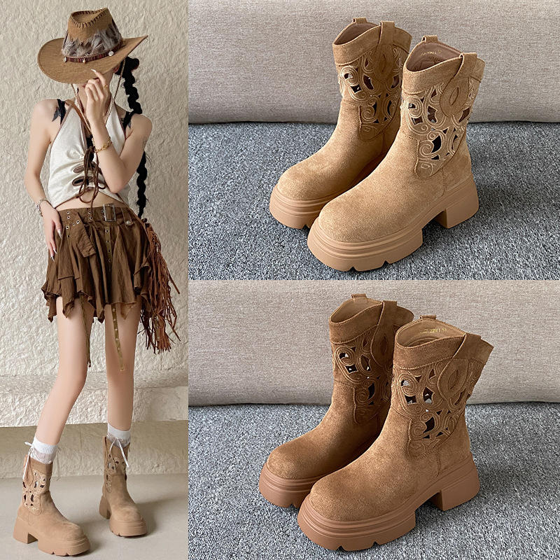 Women Fashion Hollow Design Martin Boots Leather Vintage Style Thick Sole Trendy Winter Shoes Triple Apricot Brown Free shipping 61a4