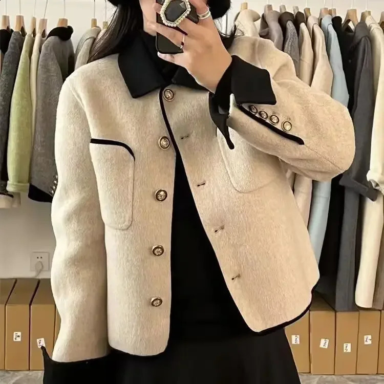 Womens Korean Style Color Block Tweed Short Coat - Stylish Wool Overcoat for Spring Autumn