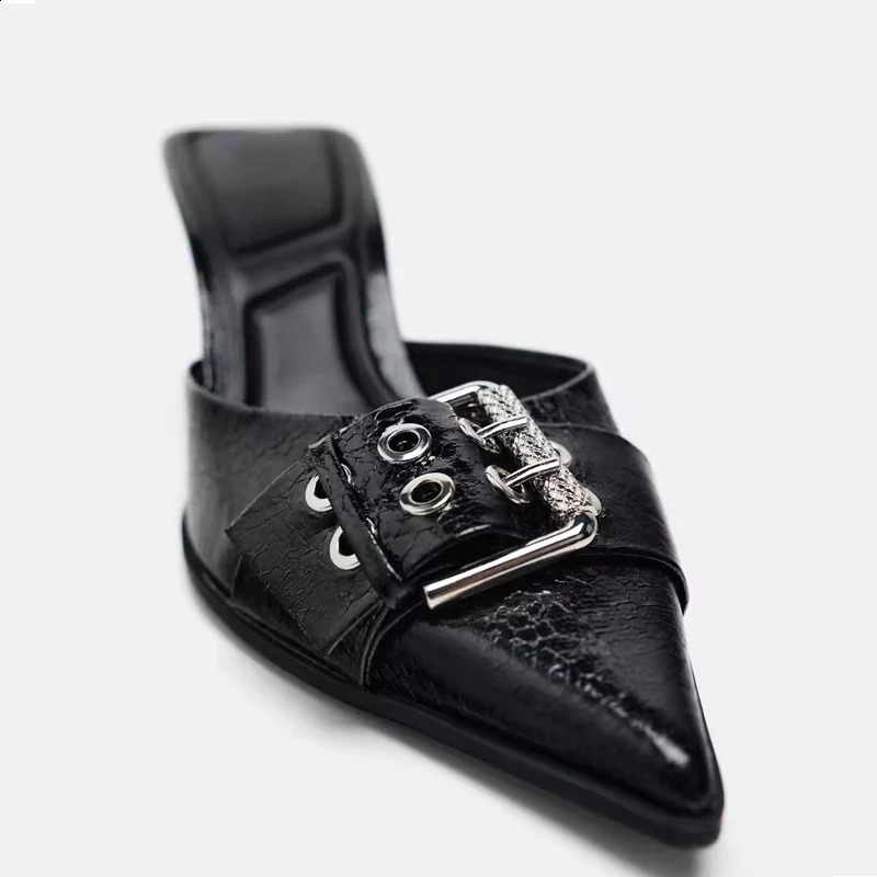 Pointed Toe Womens Mule Shoes Belt Buckle Black Patent Leather Stiletto High Heels Fashion er Womens Summer Sandals 240919