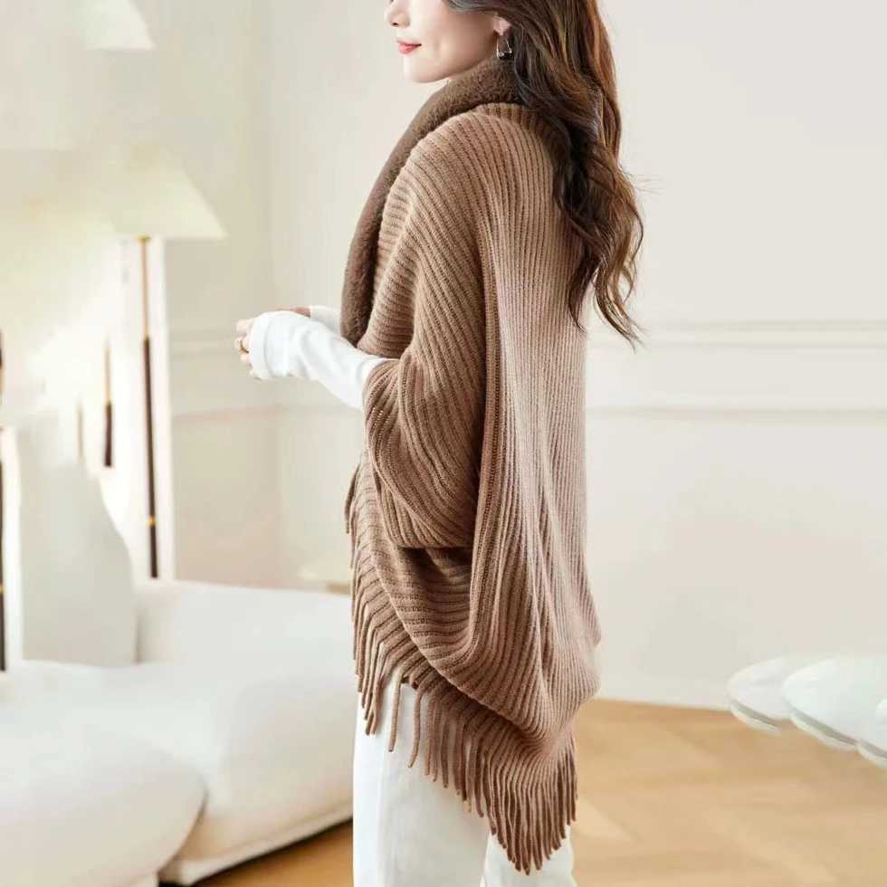 Womens Raincoat Spring Automatic Wool Knitted Artificial Fur Collar Tassel Shawl Cloak Elegant Loose High Quality Wrap Open Collar Warm Coat W240921