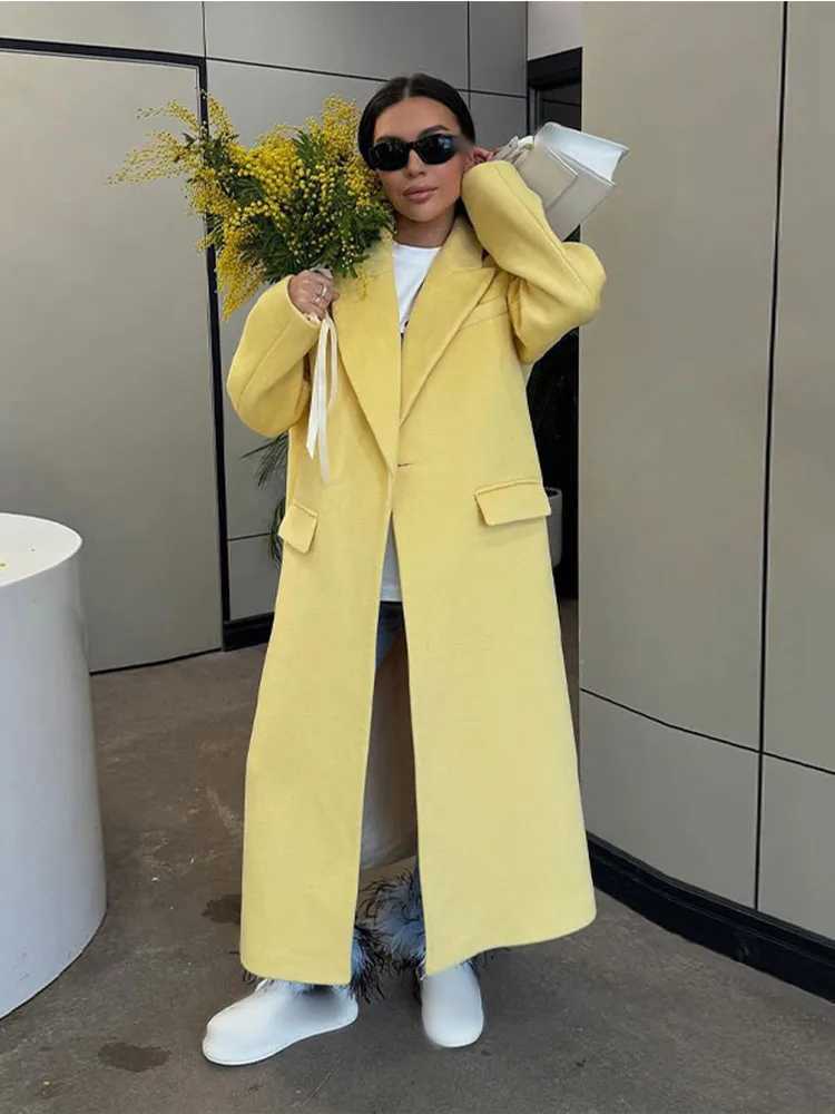 Yellow long sleeved single-layer thin coat womens casual lapel wool coat with bag 2024 autumn and winter new loose jacket W240921