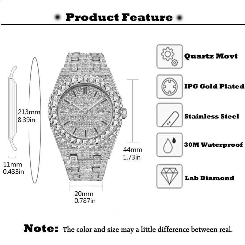 MISSFOX Iced Out Silver Color Diamond Mens Watch Calendar Waterproof Quartz Watches For Men High Quality Big Hand Clock 240909