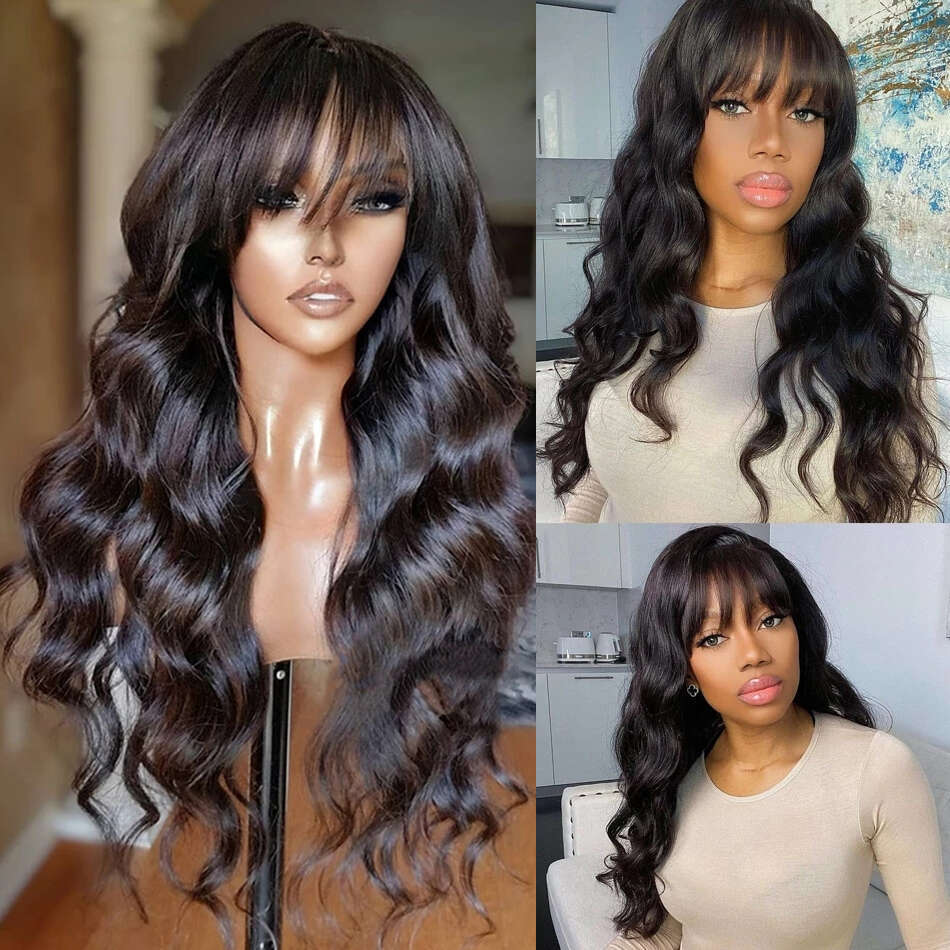 30 inch Body Wave Wigs With Bangs Bob Human Hair Brazilian On Sale Clearance Choice 3x1 Lace Wig For Black Women
