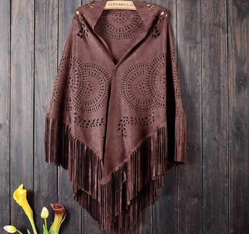 Spring and Autumn womens suede hollow round tassel shawl W240921