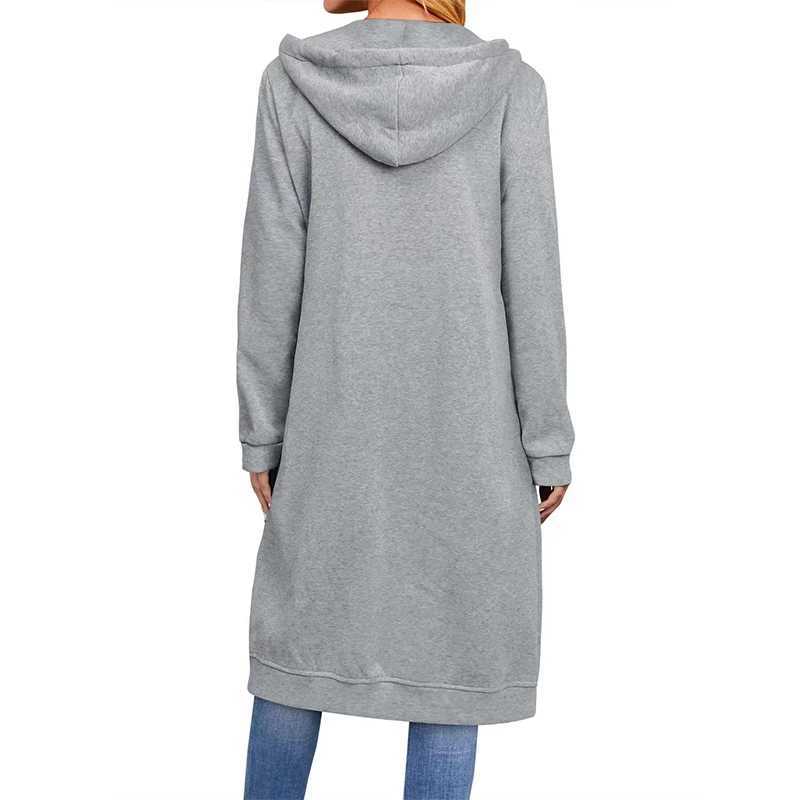 Womens Solid Color Hooded Zipper Coat Long Sleeve Pocket British Style Long Casual Loose Cardigan Coat Street WearX240921