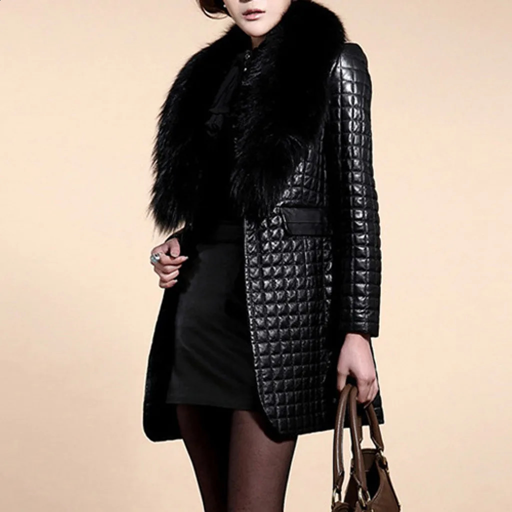 Womens long leather synthetic womens winter coat womens office jacket womens jacket 240921 - view 5