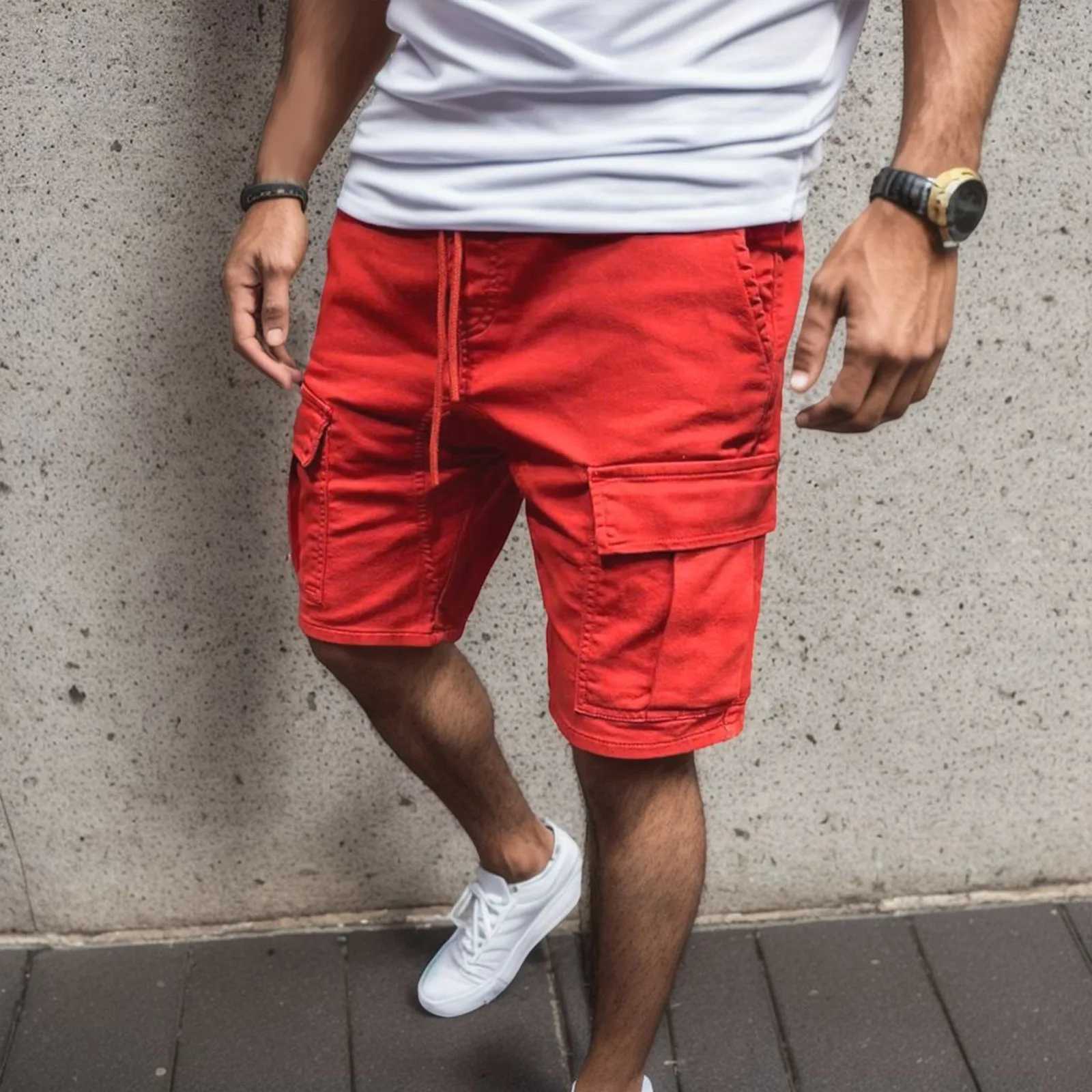 Mens Solid Color Cargo Pants Drawstring Shorts Hip Hop Streetwear Male Gyms Fitness Short Sweatpants Joggers Sportswear ShortsX240921