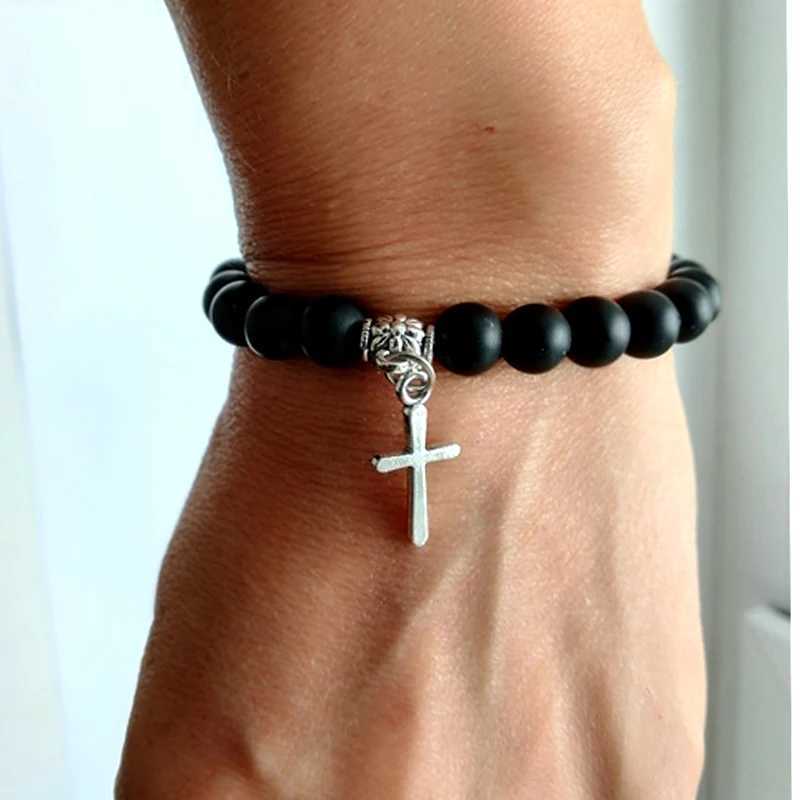 8mm Natural Lava Stone Bead Chain Alloy Cross Pendant Prayer Jesus Bracelet Bangles For Men Women Jewelry Gift Handmade PulseiraX240921