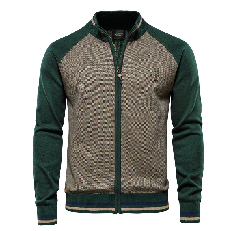 Stand Collar Color Contrast Knitting Pure Cotton Korean Tight Jacket Men's Business Casual Sweater