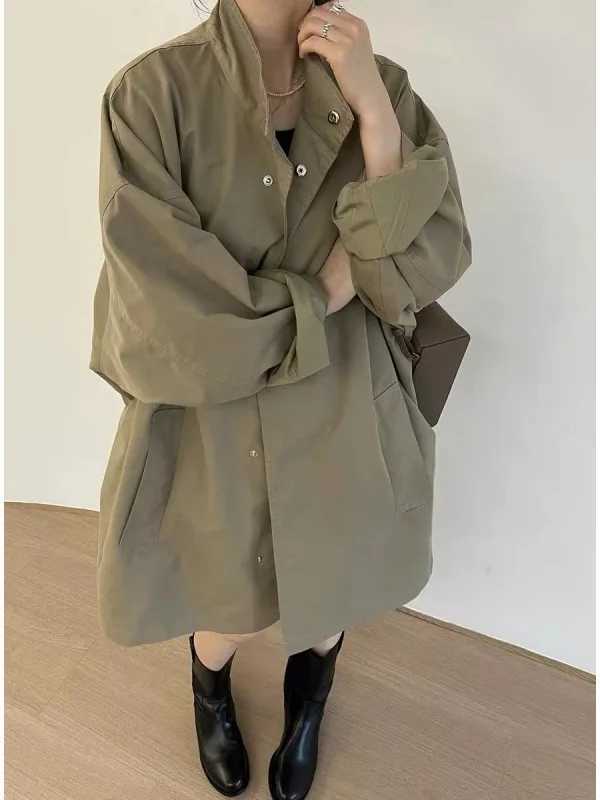 2024 Spring Wear Korean Thin Lazy Style Stand up Neck Loose and Casual Long sleeved Mid length Windbreaker Coat for Women KL9VX240921