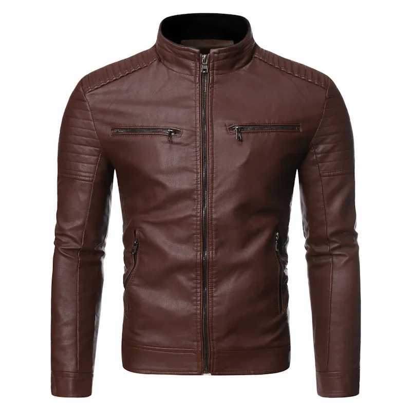 Mens solid color leather jacket mens stand up collar motorcycle ultra-thin multi pocket jacket mens retro classic leather jacket W240918