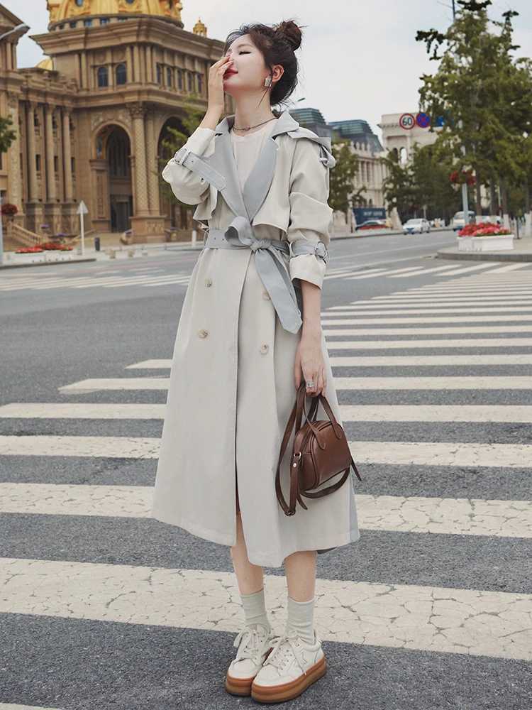 Hit Colors Long Trench Coat Women Spring Autumn New Long sleeve Double breasted Sashes Windbreaker Overcoat Women ClothesX240921