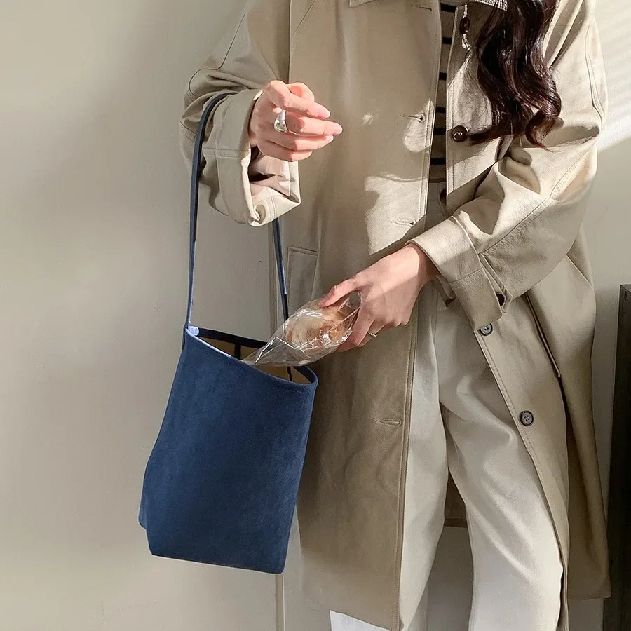 Women Bucket Bag Matte Leather Bag Female TLXT Shoulder Bag Vintage Designer Suede Bag Lady Big Handbag Winter New Composite Bag