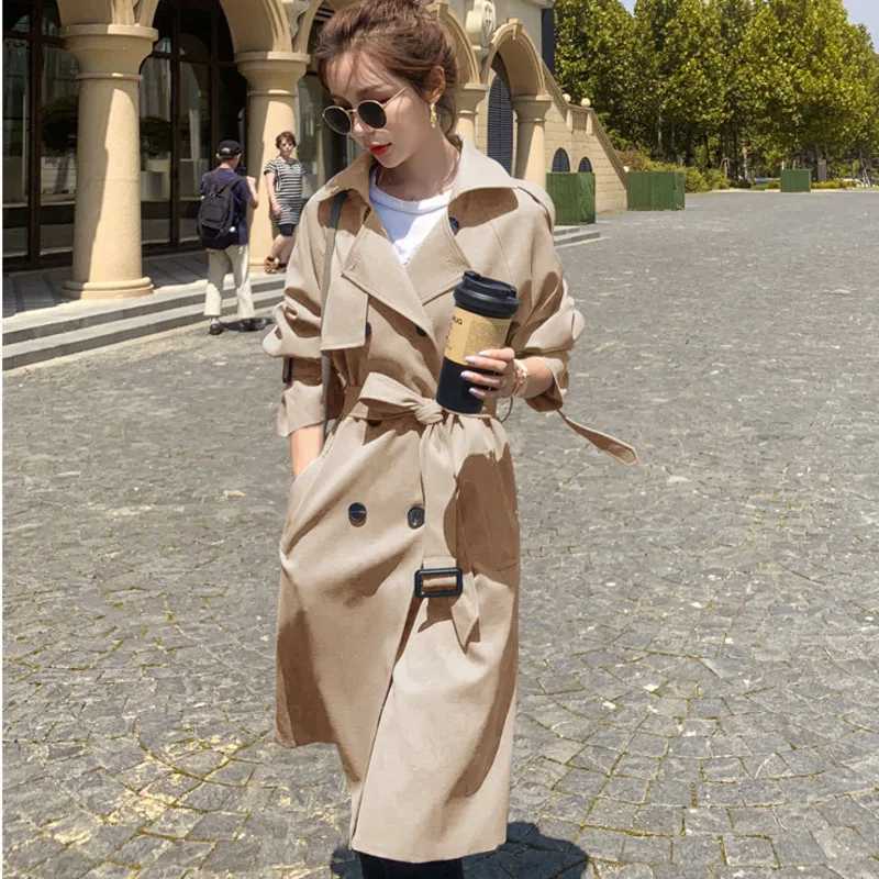 2021 Fashion Women Trench Coat Beige Blue Long Double-Breasted With Belt Spring Autumn Lady Coat Female Korean Loose OuterwearX240921