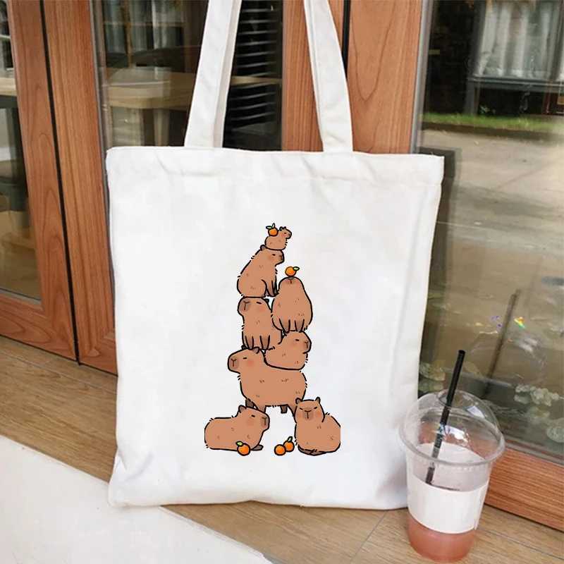 Cute Capybara Anime Shopping Bag for Women Reusable Canvas Eco friendly Shopping Bag Z250224