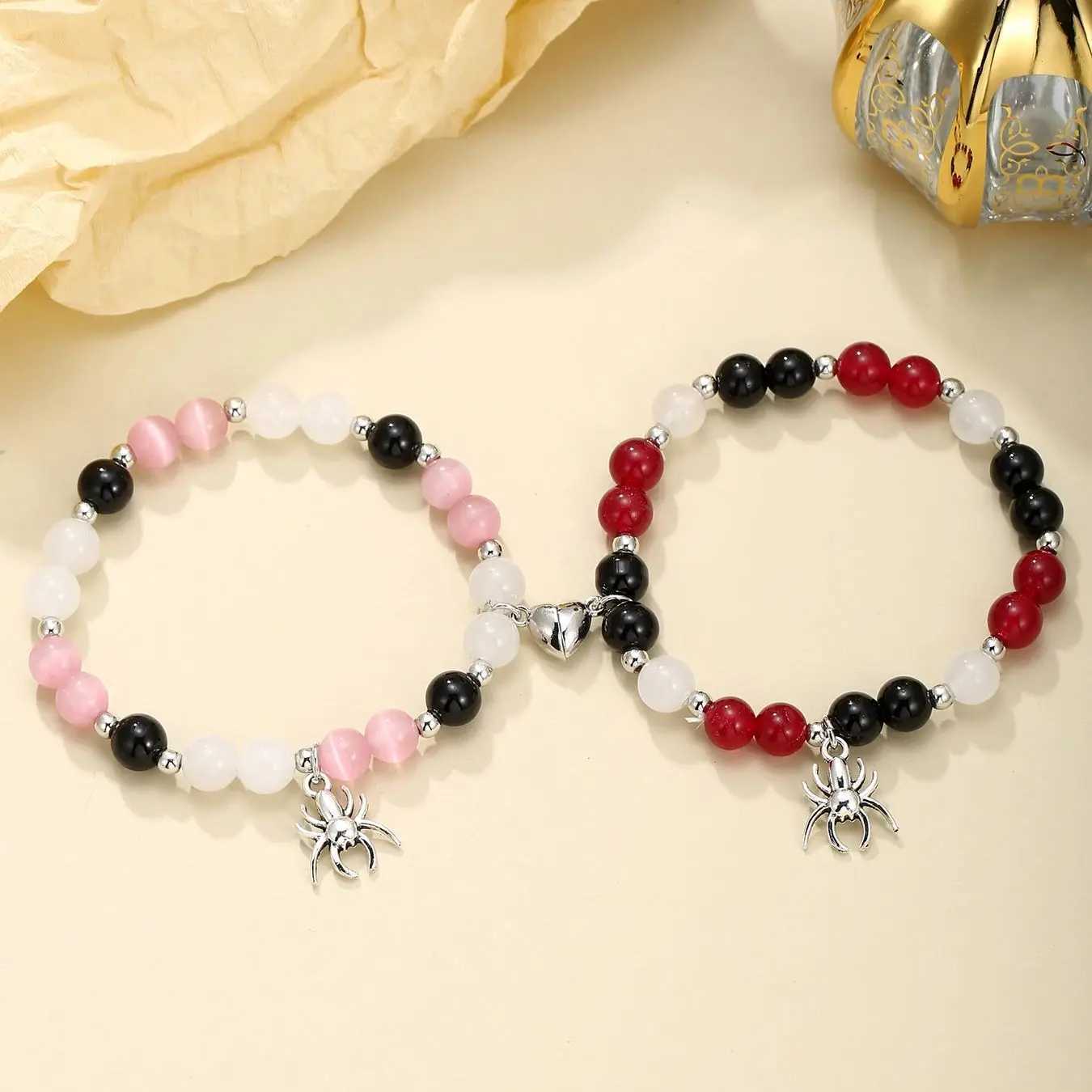 2 pcs of Spider Pendant Herat Shape Magnet Bead Elastic Couples Bracelets Bff Trendy Jewelry GiftX240921