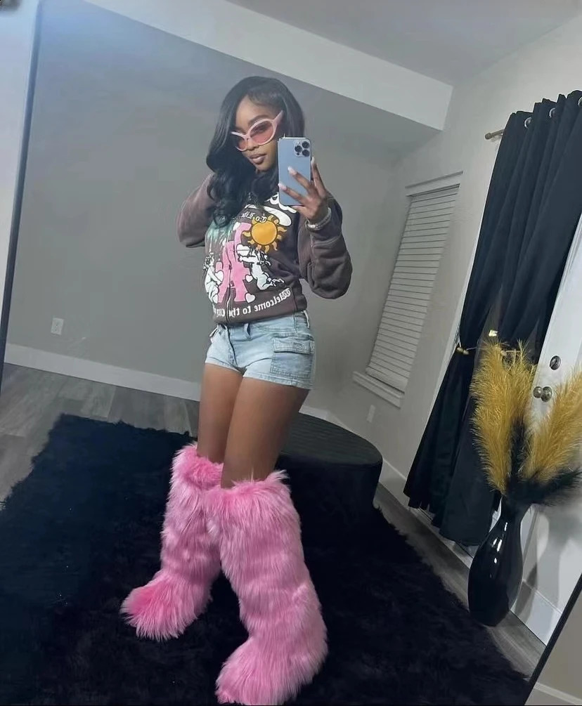 Women Winter Thigh Fluffy Ladies Furry Faux Fox Long Warm Shoes girls er Plush Knee High Fur Boots 240909CJ
