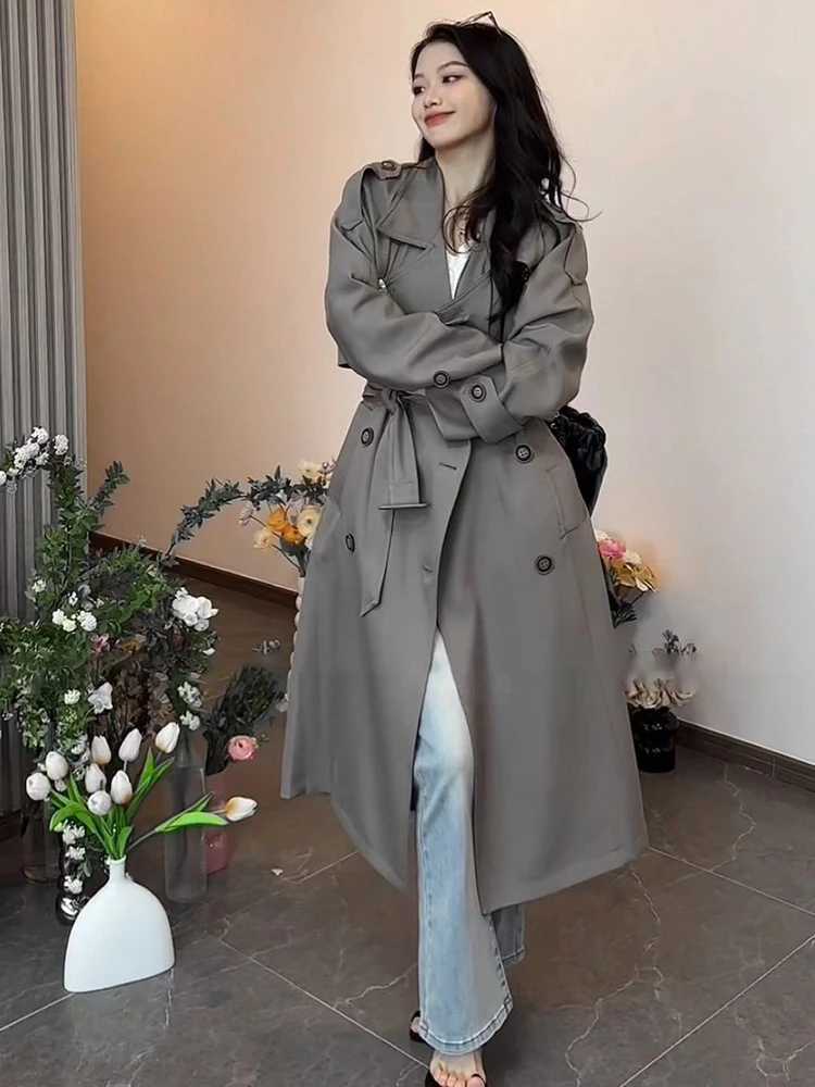 Fashion Autumn New Office Lady Womens Trench Lapel Double Breasted Loose Outwear Long Windbreaker Long Sleeve Women CoatX240921