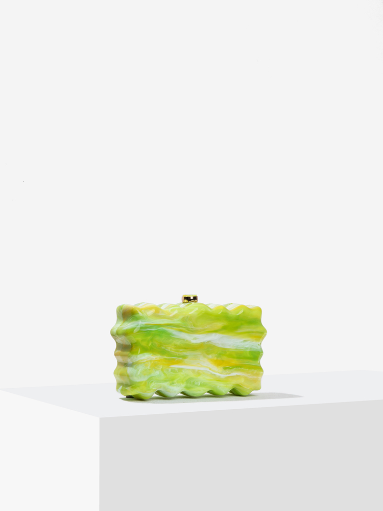 Women's Green Clutch Bag Summer Evening Party Lemon Wavy Marble Print Small Purse Zigzag Edge Handbag 2024 New