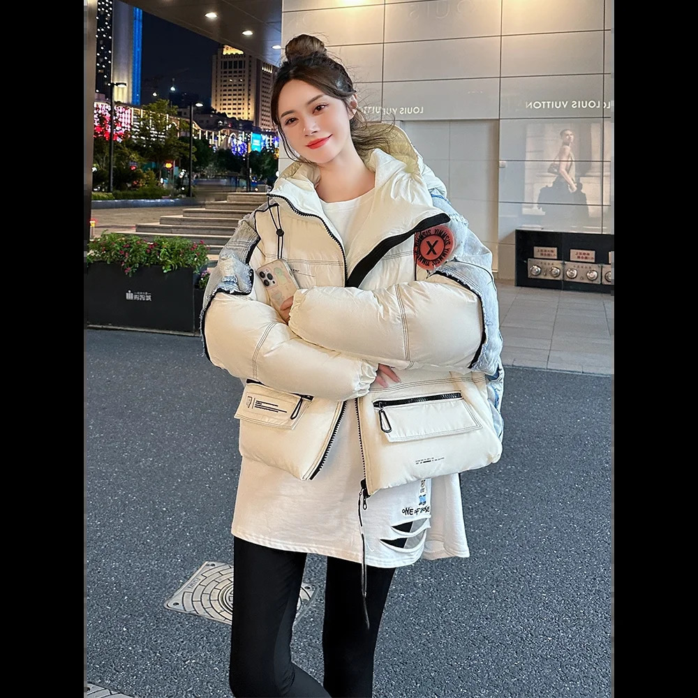 Womens Down Jacket Short Section Hooded Color Collision Personality Jacket Thickened White Duck Down Trendy Denim Splicing 240914