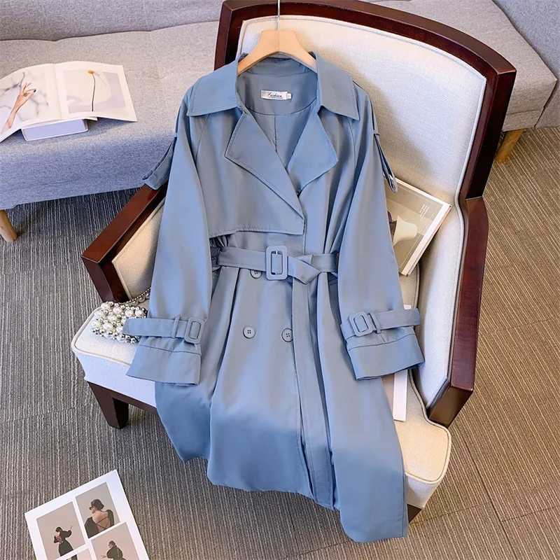 Spring Women Mid-Length Blue Trench Coat With Belt Korean Casual Double-breasted Lapel Long Sleeve Elegant Female WindbreakerX240921