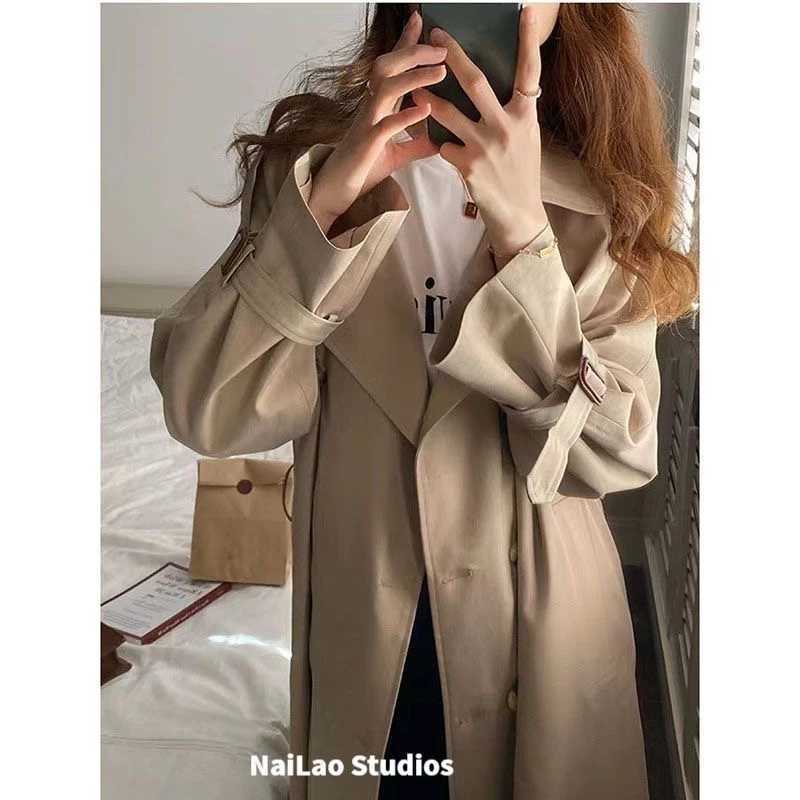Korean Women Black Office Lady Trench Coat Khaki Loose Double Breasted Long Windbreaker Jacket Spring Autumn Fashion Casual ChicX240921