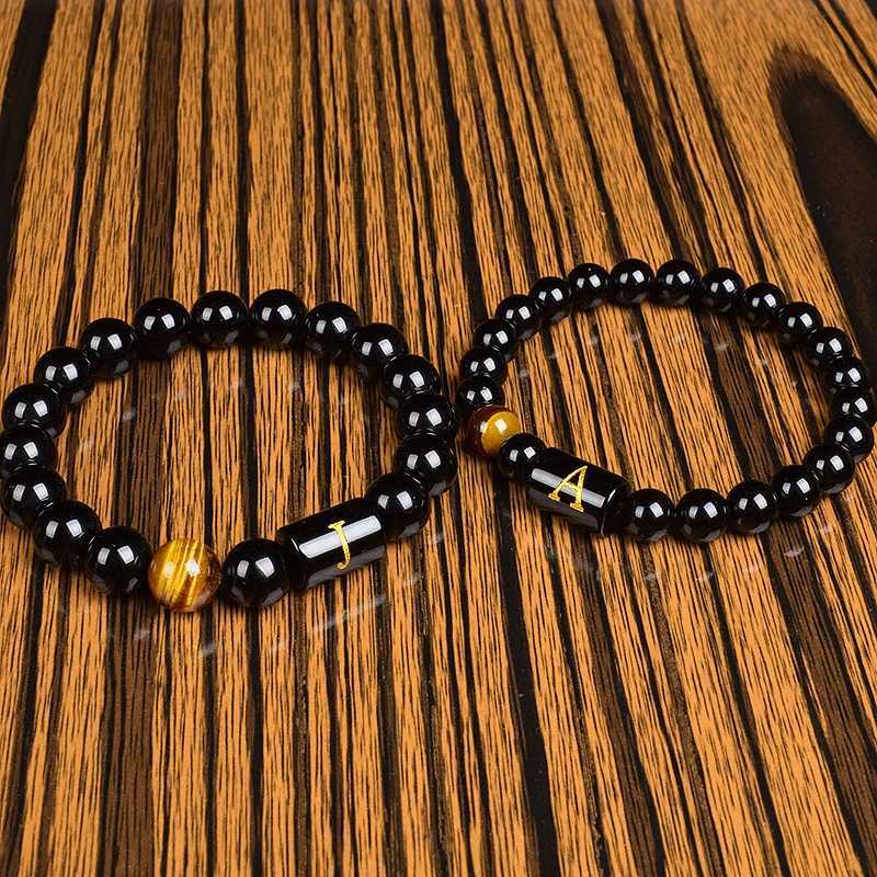 Initials Bracelets for Men Letter Link Handmade Natural Black Onyx Tiger Eye Stone Beads Bracelet Polished Black Agate BanglesX240921
