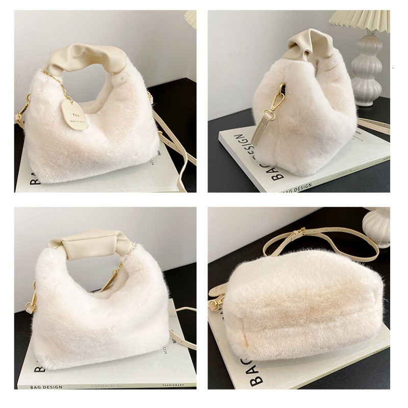 New Fashion Women Lady Shoulder Underarm Solid Color Soft Plush Handbag Fluffy Totes Purse Autumn Winter Shopping Bag