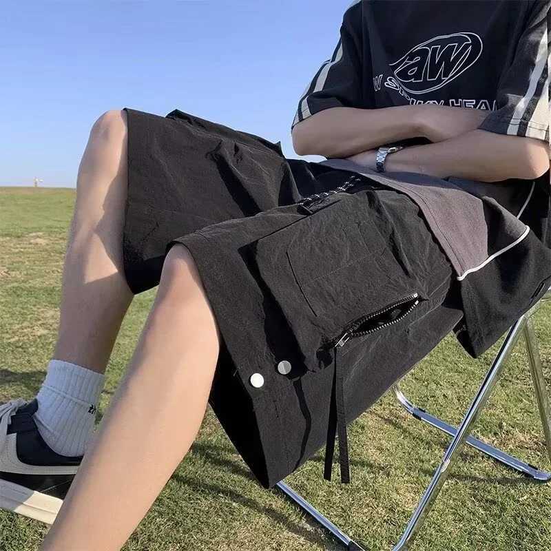 Summer Drawstring Cargo Shorts For Men High Street Pocket Baggy Bermudas Homme Casual Purple Y2K Streetwear Sweatpant ShortsX240921