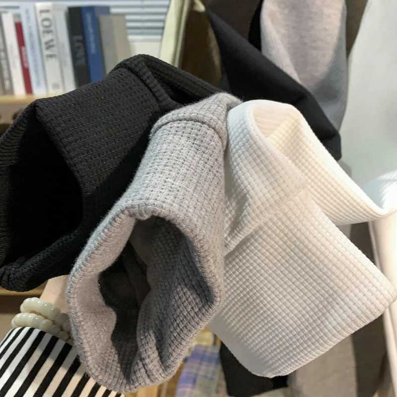Korean mens sportswear comfortable waffle fabric staff collar sweatshirt wave print casual loose sports shoulder strap hooded sweatshirt W240921