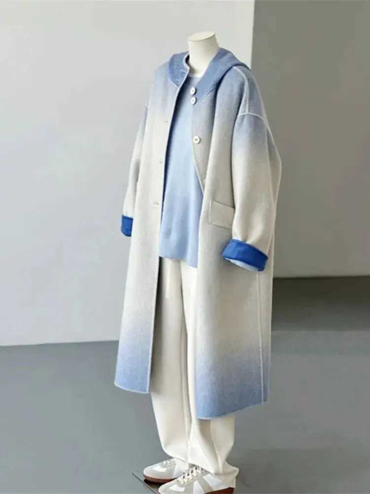 Double sided cashmere office womens gradient wool coat autumn and winter OL style hooded coat 2023 new model Y4670 W240921