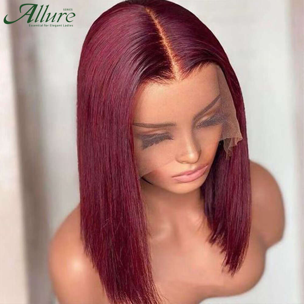 99J Short Bury Human Hair Colored Straight Bob Front Wig For Women Dark Red Glueless T Part Lace Wigs Allure