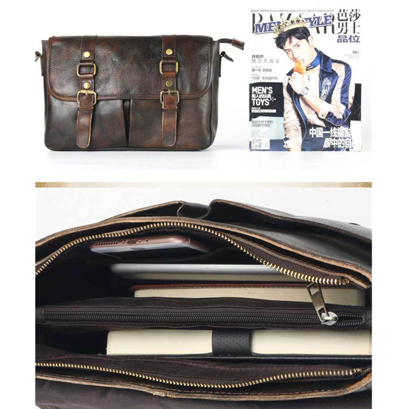 Retro Vegetable Tanned Leather Men's Messenger High Quality Top Layer Cowhide Male's Hand-Painted Shoulder Bag