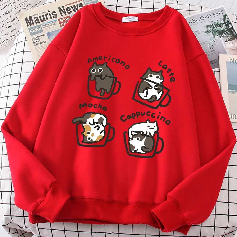 American style coffee cat cute printed hoodie mens cartoon street clothing fashionable printed hoodie Japanese Harajuku sportswear hoodie W240921