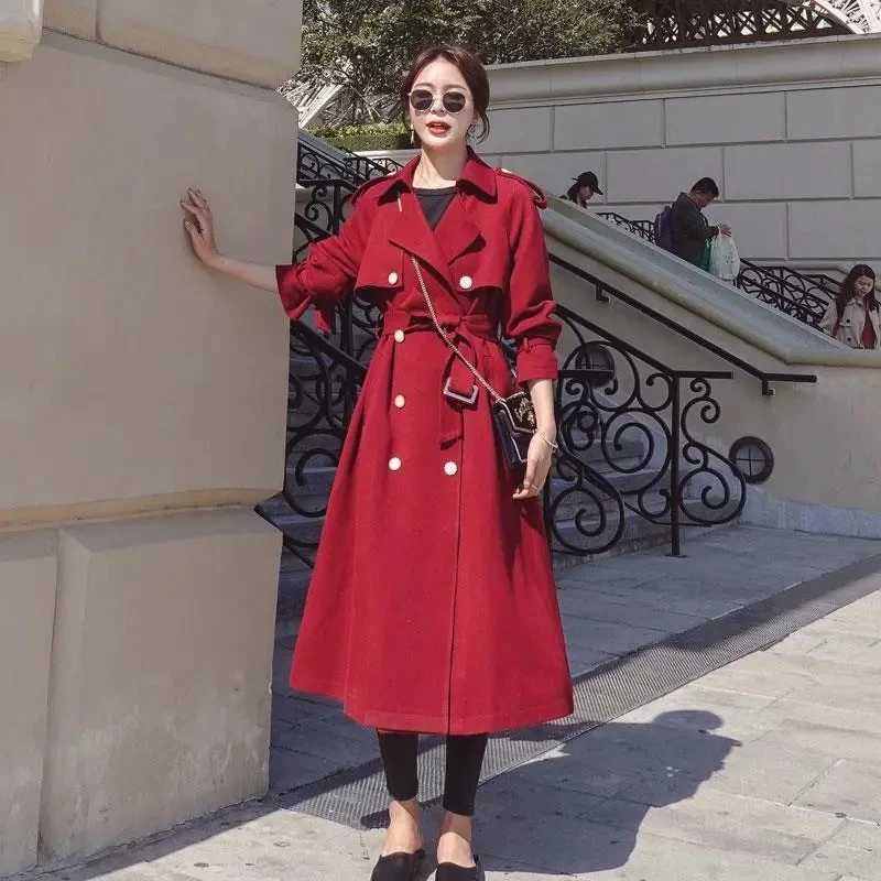 Autumn New Women Mid-Length Trench Coat With Belt Lapel Double-breasted Wine Red Black Elegant Female Windbreaker Windproof CoatX240921