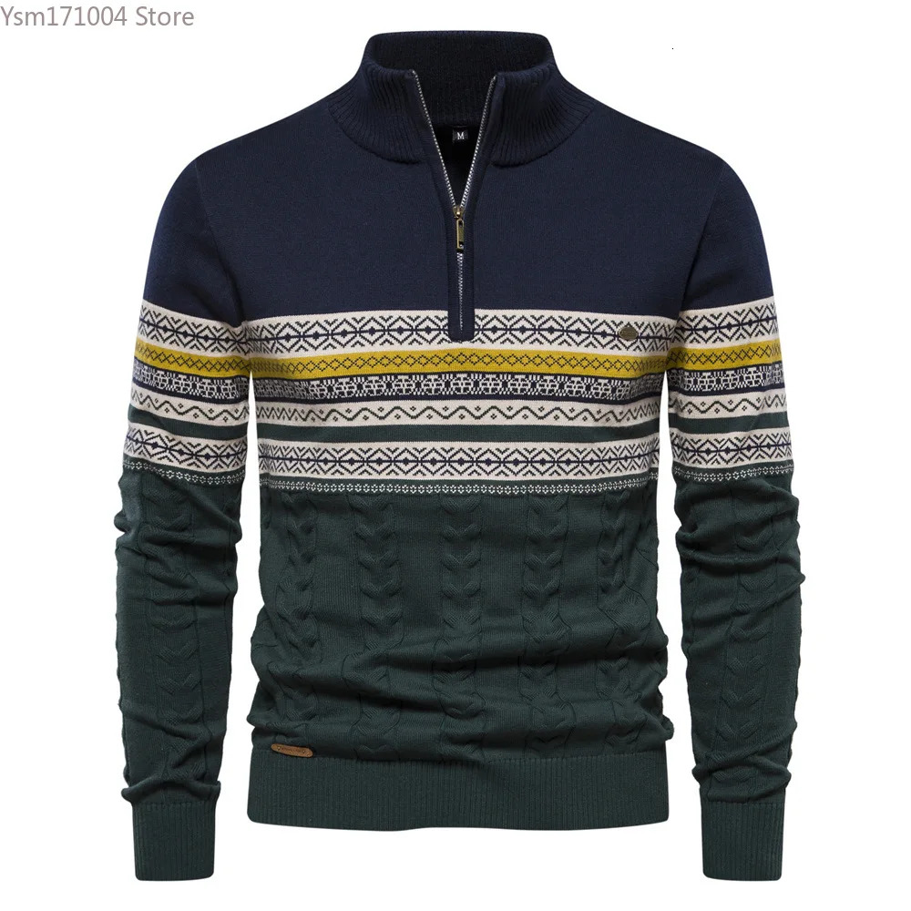 Men's Half Neck High Elastic Tight And Warm Knitted Pullover Casual Fashion Street Striped Sweater Men Clothing
