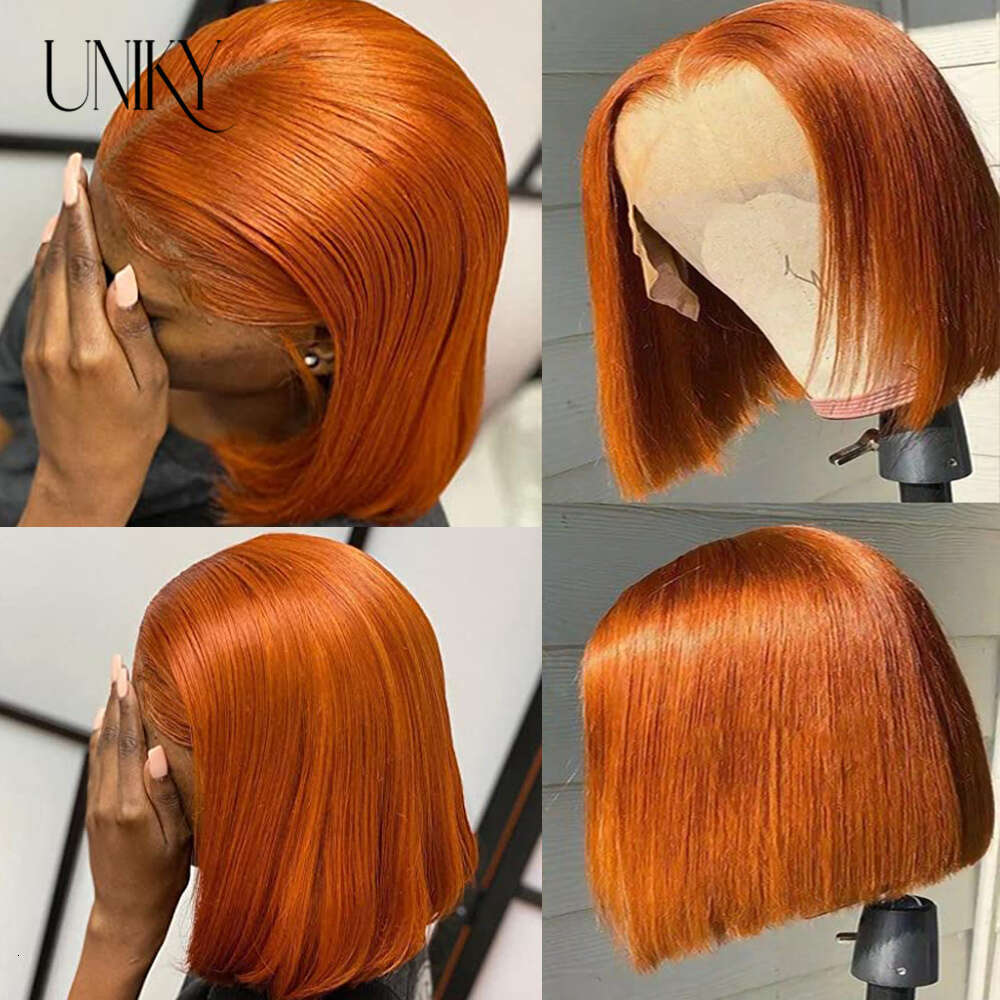 Colored Ginger Orange Short Straight Bob 13x4 13x6 Hd Lace Frontal Human Hair Wigs Pre-Plucked For Black Women Brazilian