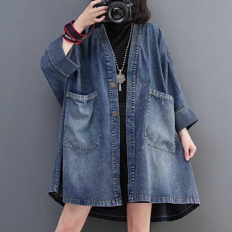 OHRYIYIE Large Size 6XL Vintage Denim Jackets Women 2023 Fashion Big Pocket Jean Jacket Female Blue Loose Oversize Trench CoatX240921