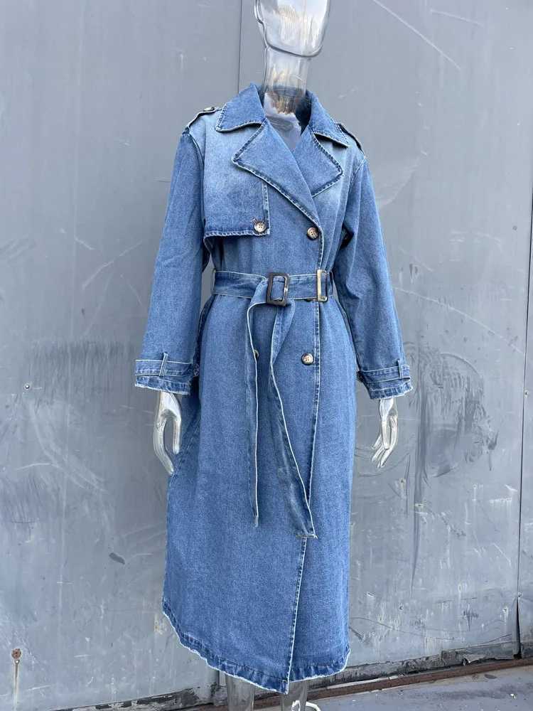 Denim Trench Coats For Women Belt On Waist Slim Jean Coats Ladies Jaqueta Feminina Blue Jean Jacket WomanX240921