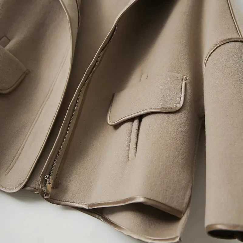 Womens wool coat 2024 spring/summer new loose fit jacket fashionable and casual stand up collar dollar sleeves hem wool jacket for women W240921