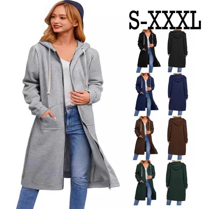 Womens Solid Color Hooded Zipper Coat Long Sleeve Pocket British Style Long Casual Loose Cardigan Coat Street WearX240921