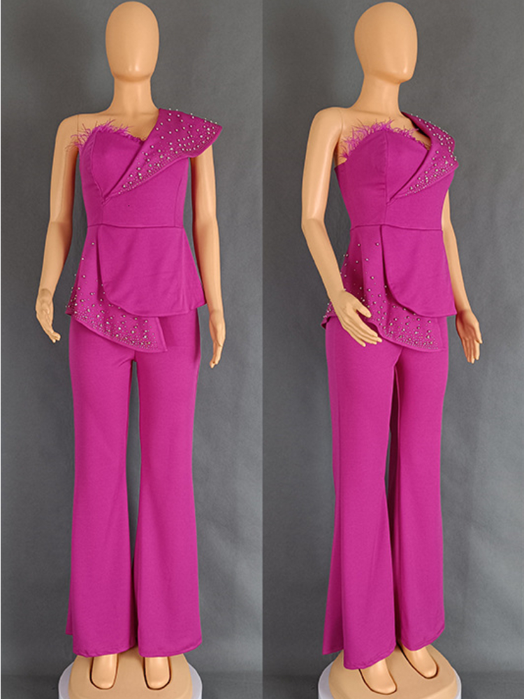 Elegant Jumpsuits For Women Shoulder Sleeveless Beading Dias Wide Leg Pants One Piece Outfit Ocn Party Clothing