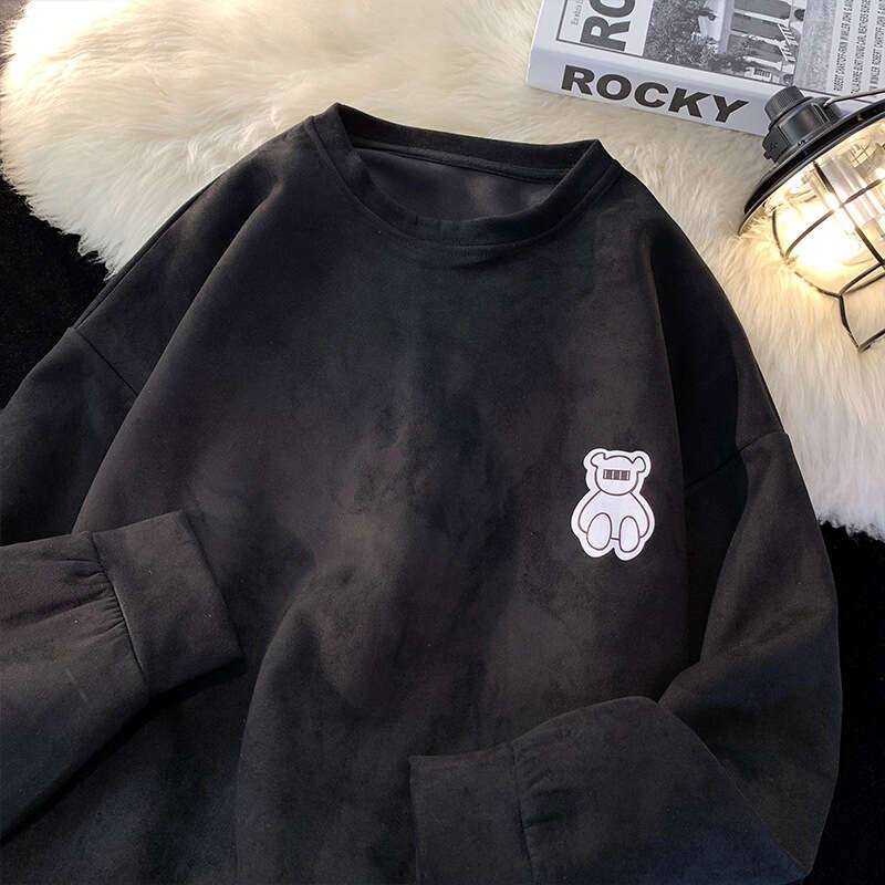 Suede Hoodie, American Long Sleeved Men's Trendy Brand Ins Base Shirt, Spring And Autumn Top, Men's Round Neck Printed Trendy