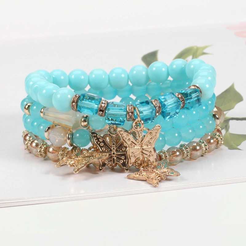 4 Pieces/Set Fashion Multi-Layer Beads Butterfly Pendant Bracelet Boho Artificial Glass Hand-Beaded Bracelet Jewelry GiftsX240921